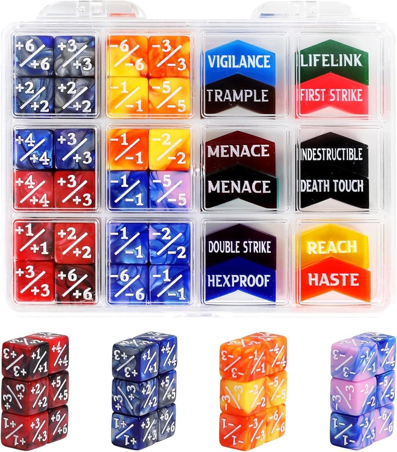 FIGURESLAB Store 48PCS MTG Tokens & 12mm Dice Counter with Box, MTG Abilities Keyword Buff Tokens Life Counters Loyalty Dice for Magic The Gatering TCG Card Gaming Accessories CCG Creature Stats - Image 1